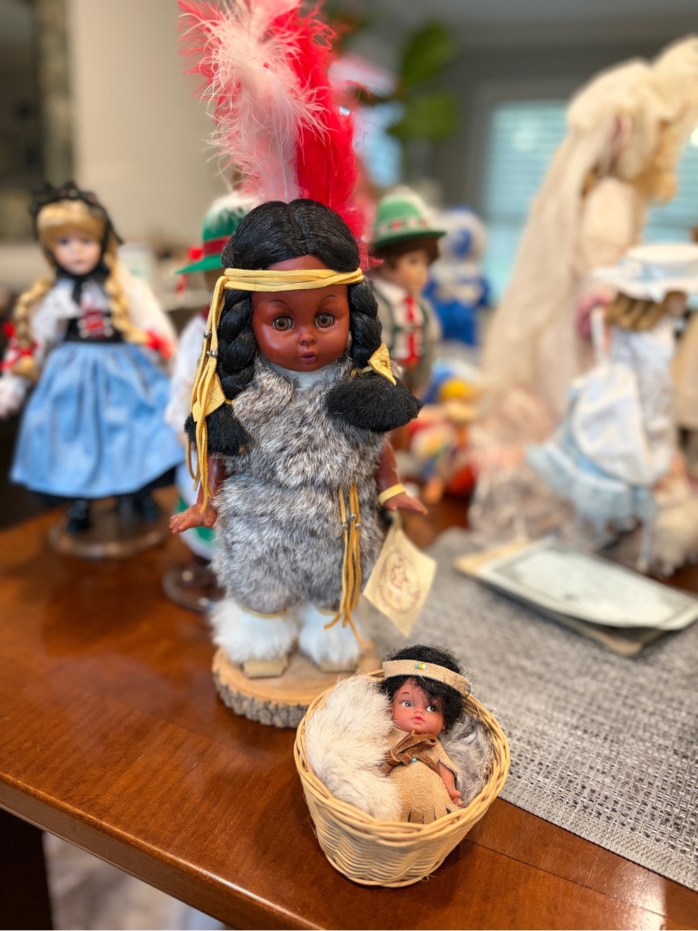 Vintage Handcrafted Indigenous Canadian Doll with Fur Dress and Baby in basket